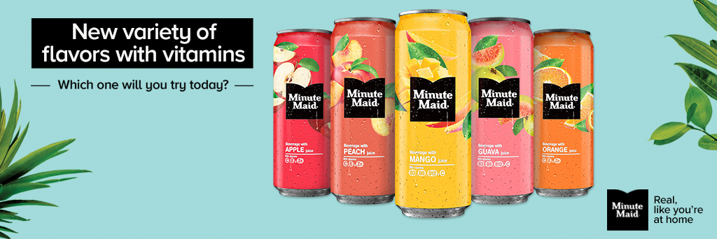 5 kleurrijke blikjes Minute Maid in de smaken Apple, Peach, Mango, Guava, Orange tegen een blauwe achtergrond met de slogan Real Like You're At Home